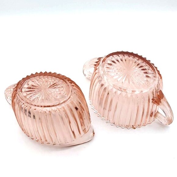 Vintage Hocking Glass Pink Queen Mary Ribbed Creamer & Open Sugar Set Depression - Picture 2 of 6